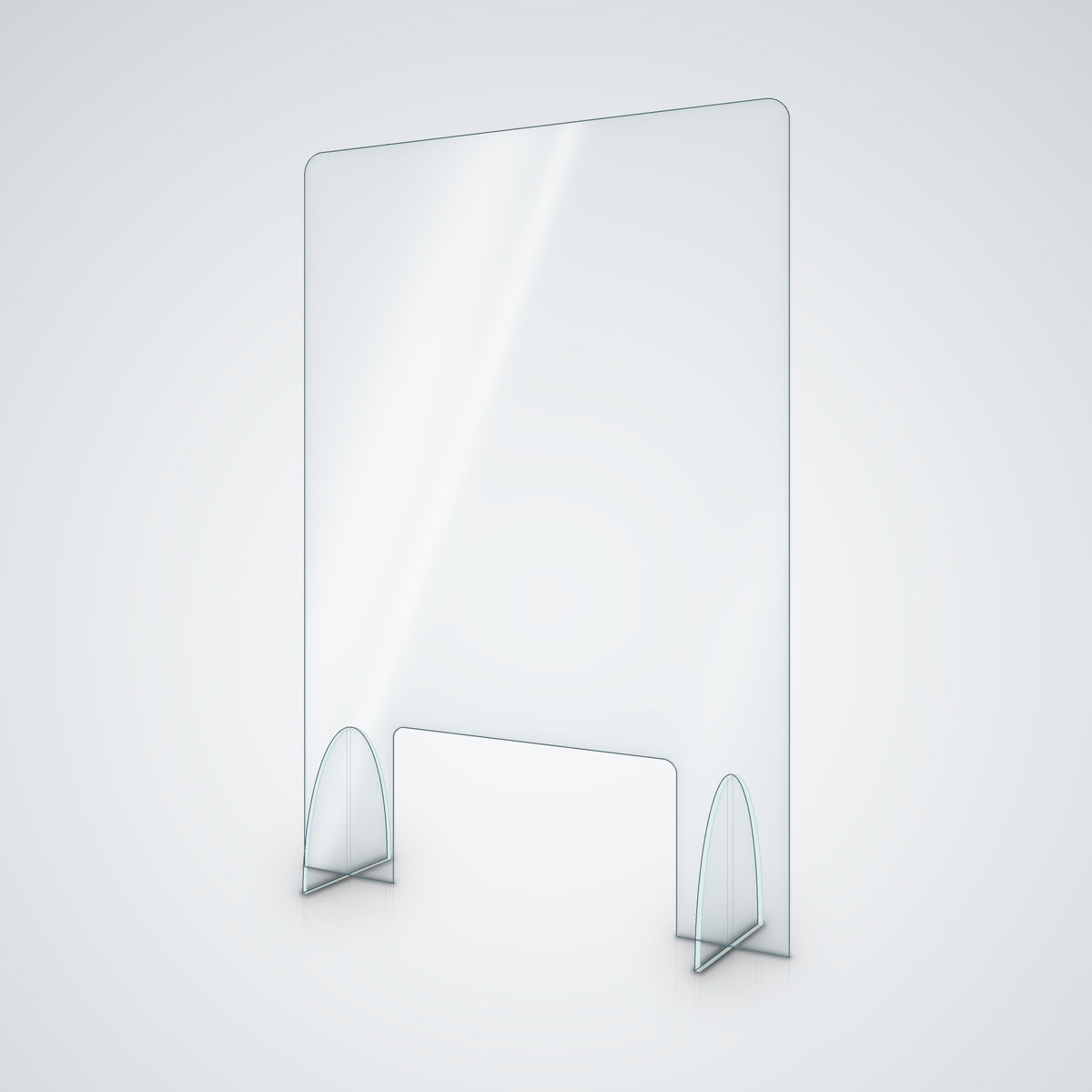 Clear acrylic counter shield front view with pass-through opening for reception and cash counters