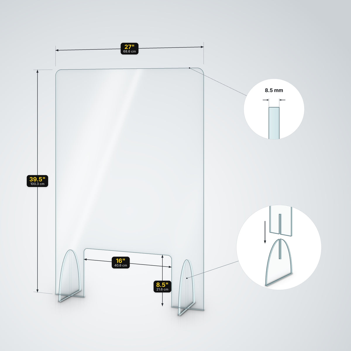 Counter shield dimensions: 27 in wide, 39 8/16 in tall, 16 x 8 8/16 in pass-through, 8.5 mm acrylic