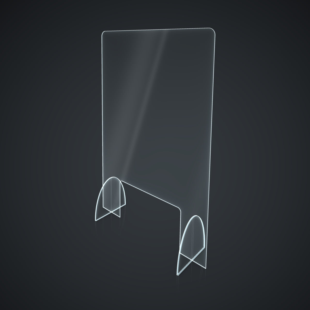 Freestanding clear acrylic sneeze guard with slot-in feet, angled view on dark background
