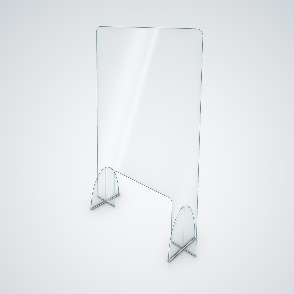 Freestanding clear acrylic sneeze guard with slot-in feet, angled view